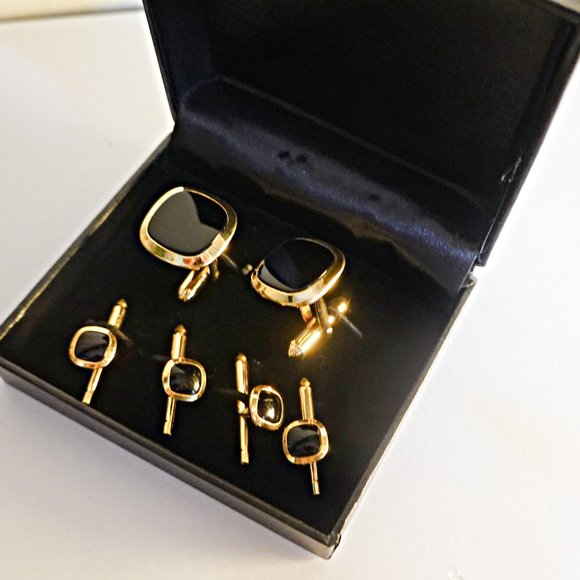 MEN'S Tuxedo Jewelry Black Onyx Cufflinks Shirt Studs Set - Picture 2 of 3